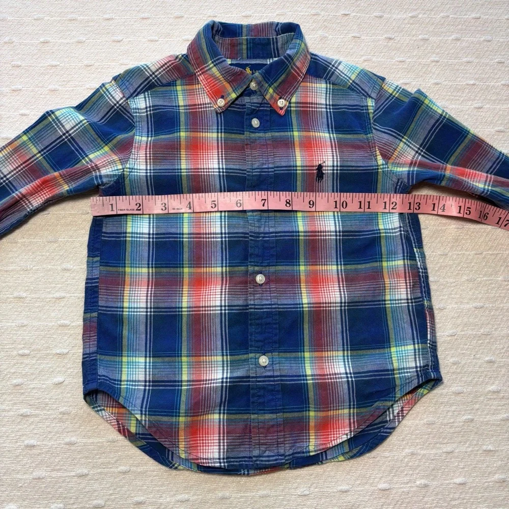 Ralph Lauren Polo Boy Blue Green Orange Cotton Plaid Button Dress Shirt  Size 3T